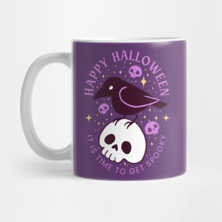 Happy halloween it is time to get spooky a cute crow on a skull Mug